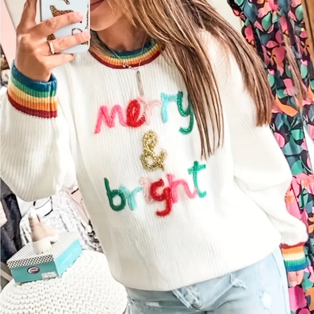 Colorful Women's Christmas Holiday  Sweater - White with Multicolor Accents ~